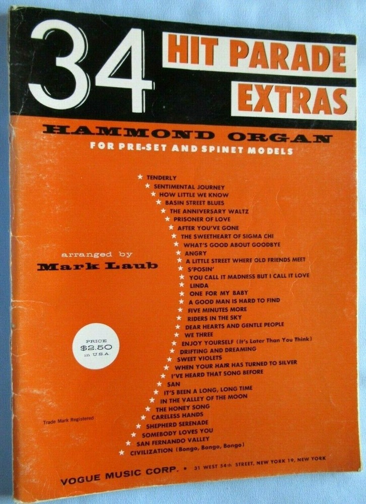 34 Hit Parade Extras Spinet Hammond Organ Models 80 Pages 1958 Music Book