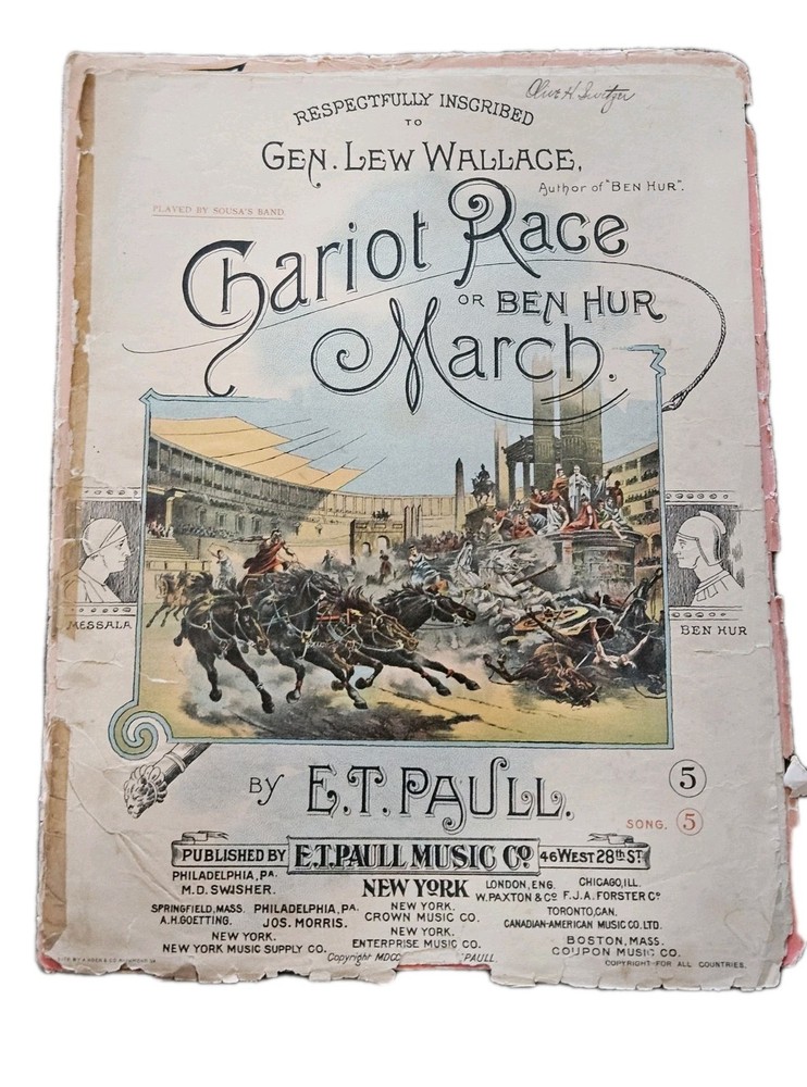 Antique 1901 Chariot Race or Ben Hur March Sheet Music E.T. Paull Lithograph