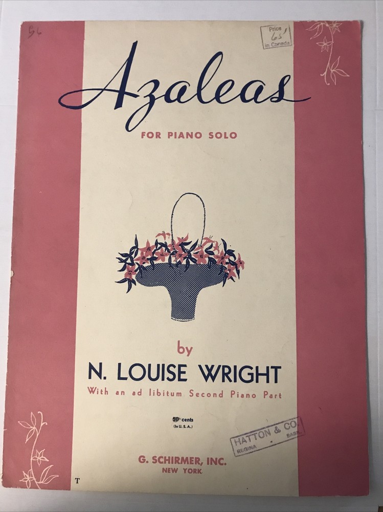 Azaleas for piano solo by N. Louise Wright 1942 piano sheet music 2C