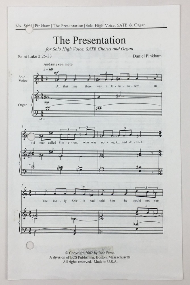Presentation SATB Organ Sheet Music Solo High Voice By Daniel Pinkham ECS Pub