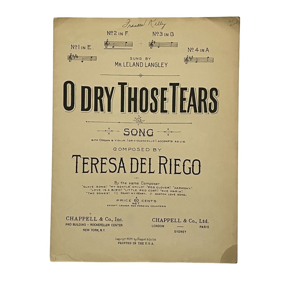 O Dry Those Tears Sheet Music By Teresa Del Riego 1901