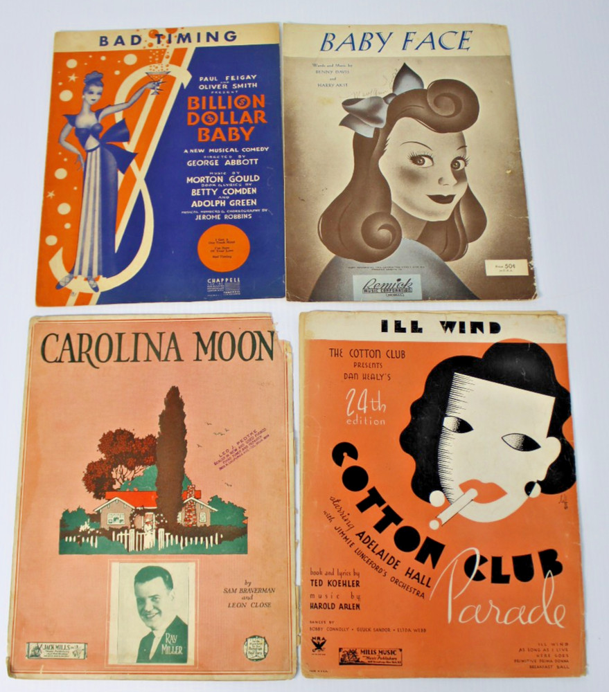 Vintage 1920s-1940s Sheet Music- Cotton Club, Billion Dollar Baby, Baby Face