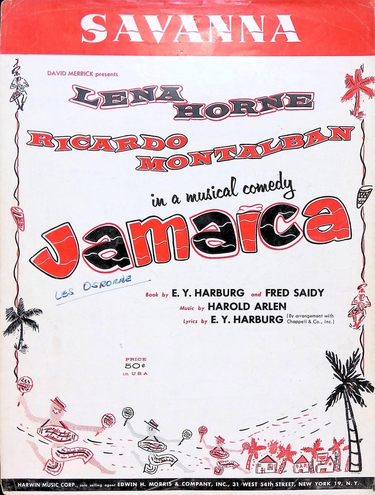 Savanna Sheet Music Jamaica 1957 Broadway Musical Harold Arlen Edgar Harburg