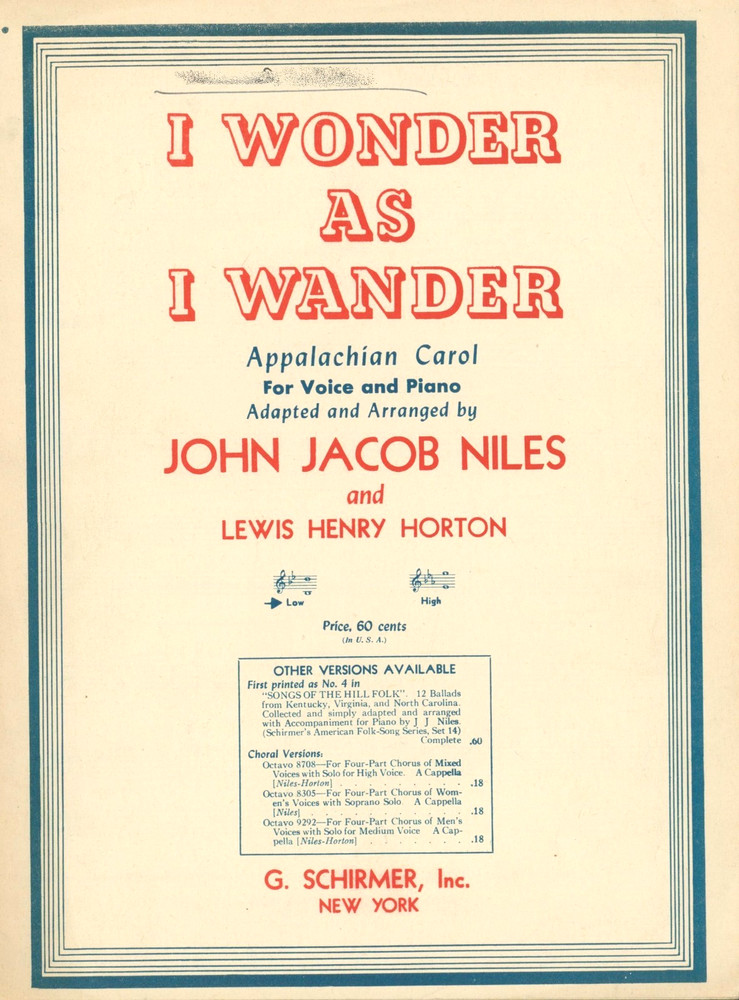 I Wonder As I Wander Sheet Music Low Voice Piano 1944 John Jacob Niles Horton
