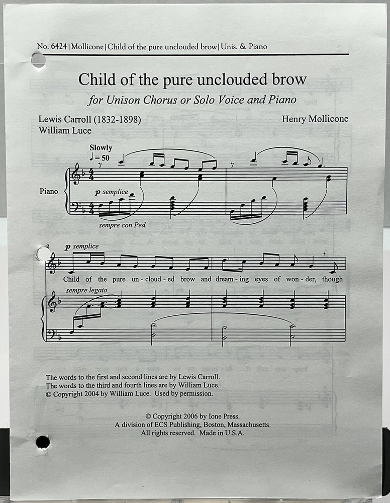 Child of the Pure Unclouded Brow Unison Chorus or Solo Voice & Piano Sheet Music