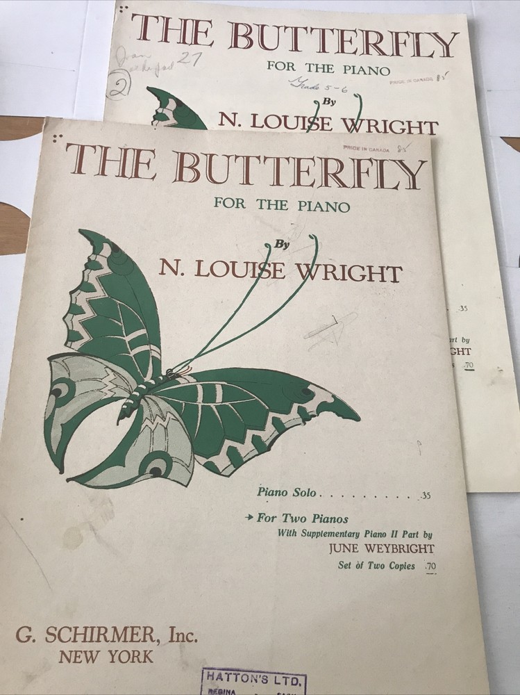 The Butterfly by N.Louise Wright 2 copies piano sheet music 2E