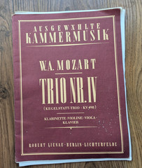 Mozart Kegelstatt Trio Clarinet Viola (Violin) &Piano 1954 Robert Lienau Parts