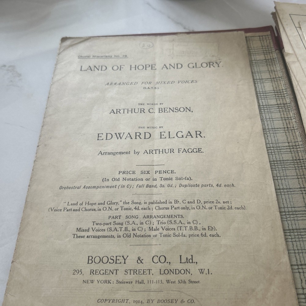 1914 Song sheet LAND OF HOPE AND GLORY Arranged for mixed voices Edward Elgar