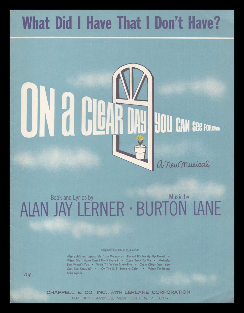 ON A CLEAR DAY Lerner/Lane 1965 WHAT DID I HAVE THAT I DON&rsquo;T HAVE Sheet Music