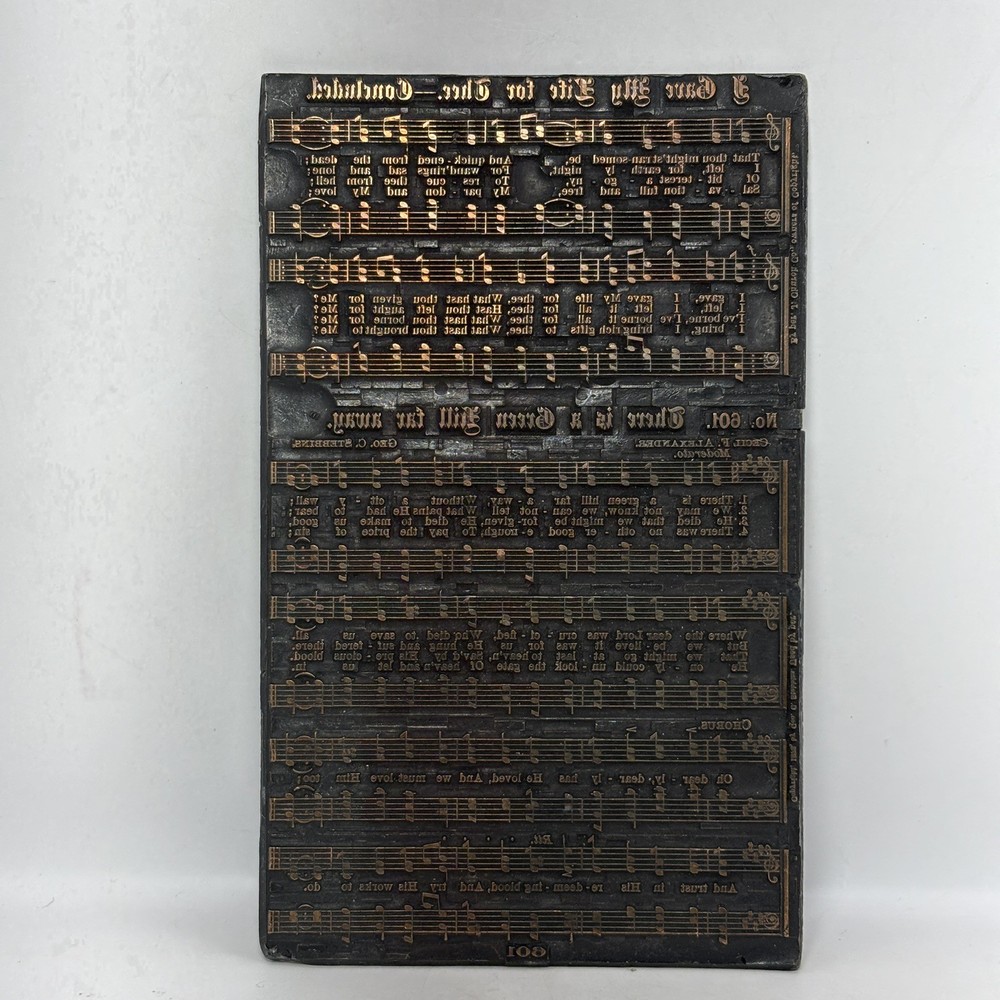 Antique Metal Printing Press Plate Sheet Music Green Hill Hymn 4 x 7