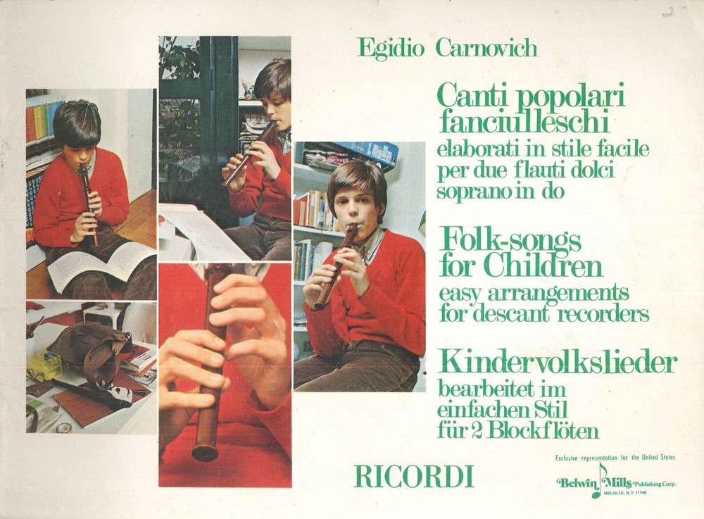 Easy Children&rsquo;s Folk Songbook For 2 Recorders 1972 Carnovich Ricordi Italy