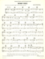 Born Free Sheet Music Piano Voice Guitar w Simplified Piano Solo 1966 Williams