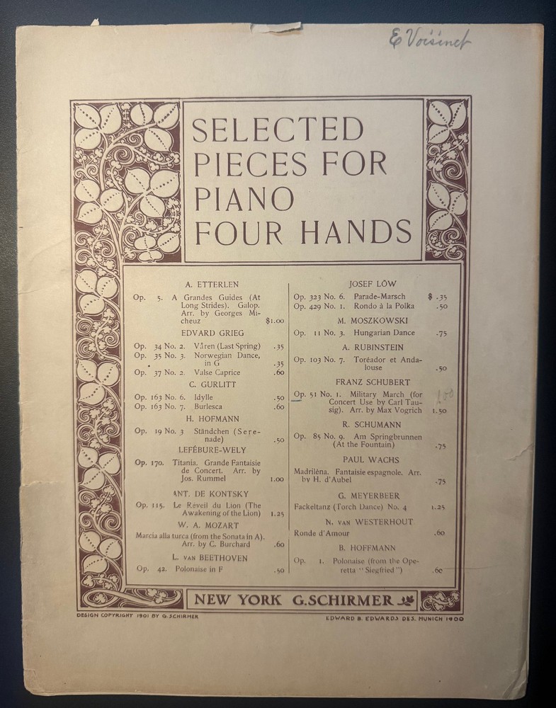Military March – 1901 sheet music – Four Hands Piano – Schubert G. Schirmer