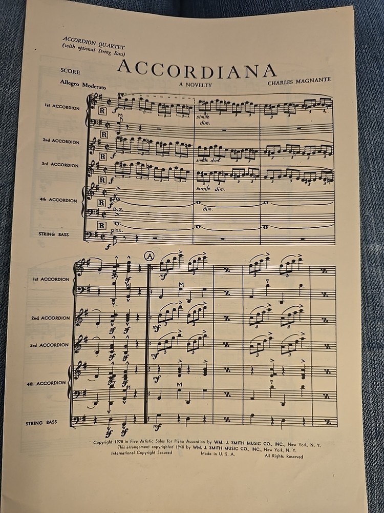 Accordian Quartet Optional String Bass Chas Magnante SHEET MUSIC 1940 small SM