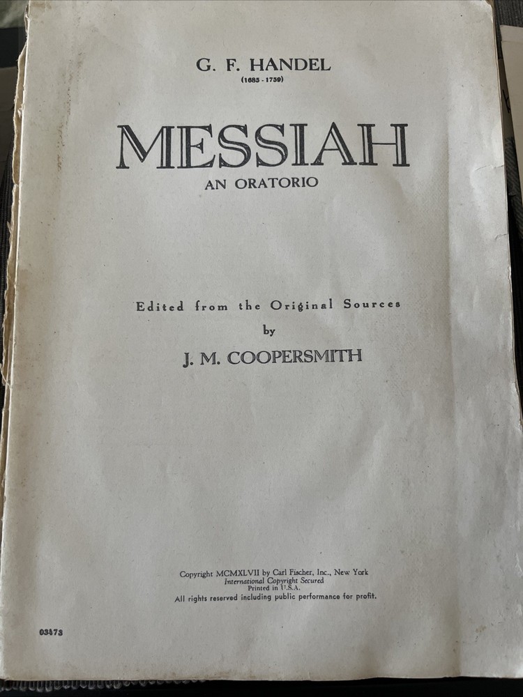 Vintage 1947 Handel MESSIAH -An Oratorio – Music Book by Coopersmith 248 pages