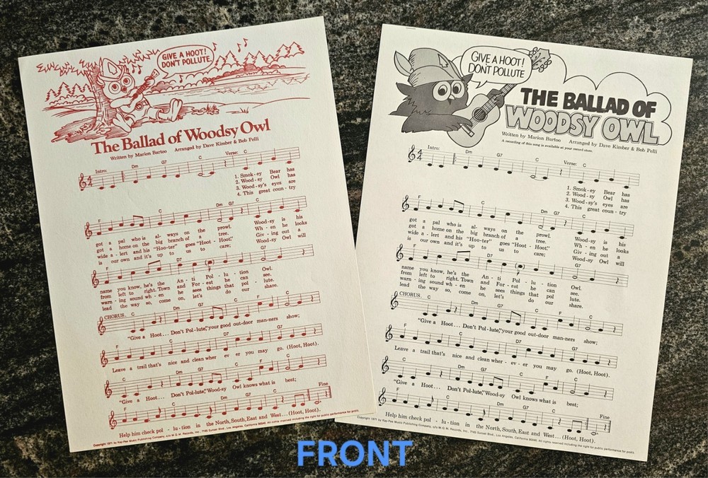 « Ballad of Woodsy Owl » Song Sheets, Vintage 1971, Two Versions, Mint