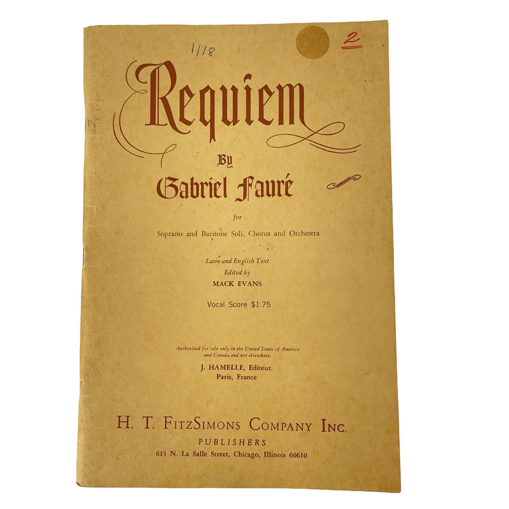H. T. FitzSimons Fauré Requiem Vocal Score Piano Chorus Sheet Music Vtg Tan