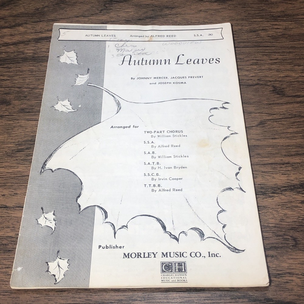 Rare 1955 Vintage AUTUMN LEAVES by Joseph Kosma Song Two Part Chorus Music Sheet
