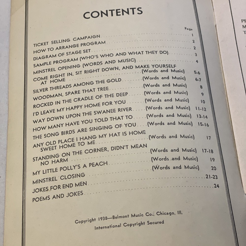 Vintage 1938 Minstrel Book Belmont Music Chicago Songs Jokes Poems Sheet Music