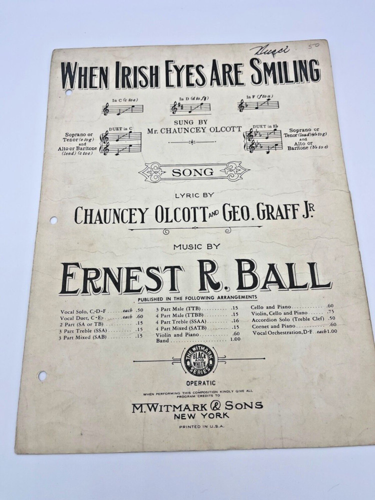 VTG Sheet music « When Irish Eyes Are Smiling » Published M. Witmark & sons