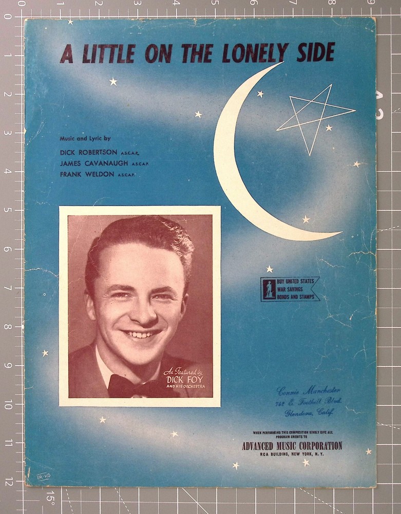 A Little On The Lonely Side 1944 Sheet Music Dick Robertson Dick Foy Vocal