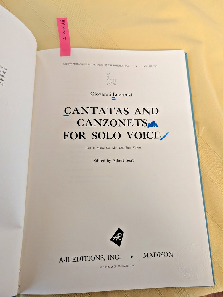 Giovanni Legrenzi Cantatas and Canzonets for Solo Voice Part I – Alto/Bass