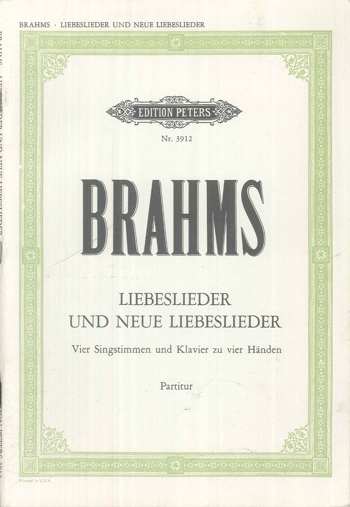 Brahms Liebeslieder Vocal Score SATB Mixed Voices Piano 4 Hands Ed Peters #3912