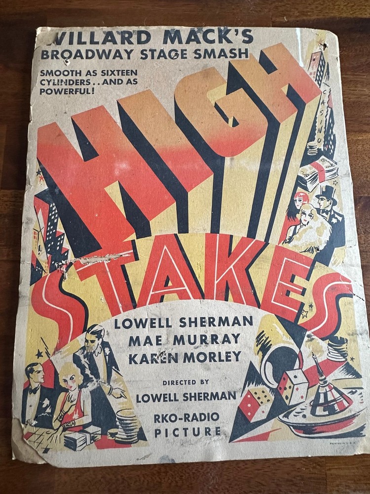 Original 1931 HIGH STAKES Pre-Code RKO Movie Poster Display Card Mae Murray