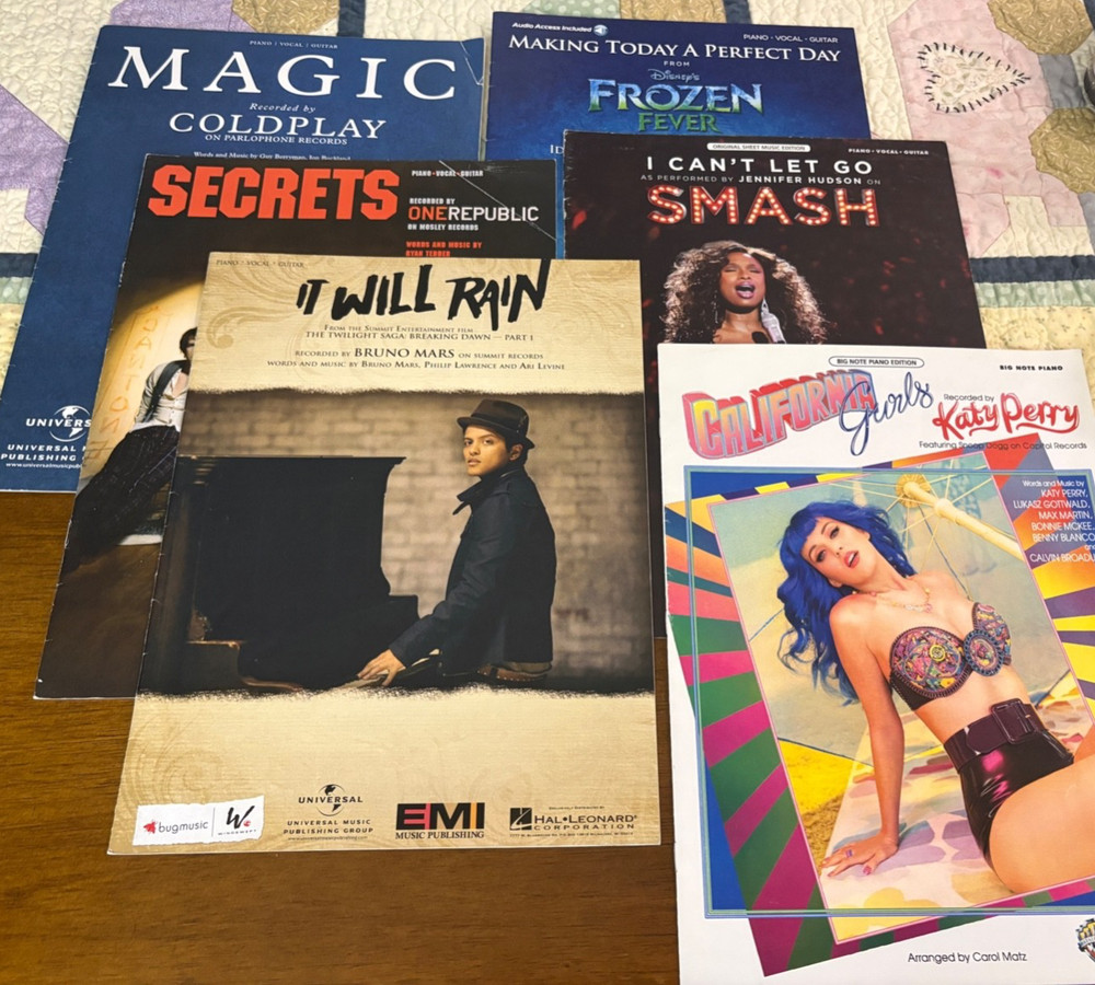 Popular Sheet music piano guitar vocal. NEW. Lot of 6. Pop Disney Coldplay Bruno