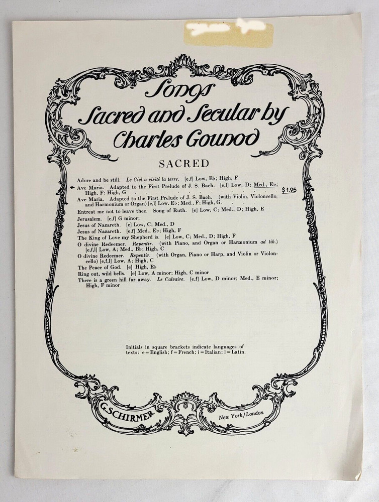 Ave Maria Vocal Solo For Medium Voice By Bach/Gounod Sheet Music Pub G Schirmer