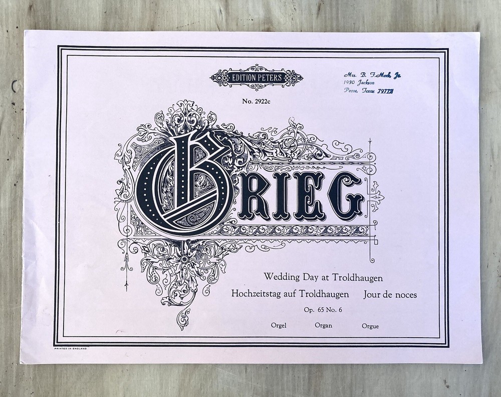 Edition Peters Grieg Wedding Day at Troldhaugen Op 65 No 6 Organ 1958