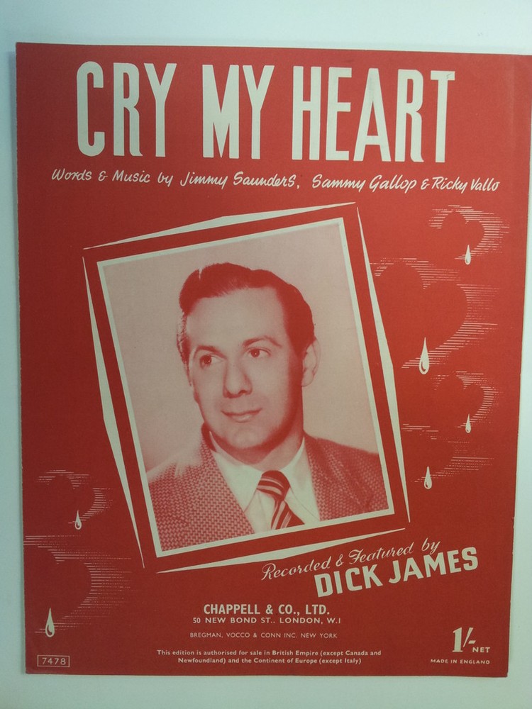 song sheet CRY MY HEART Dick James 1952