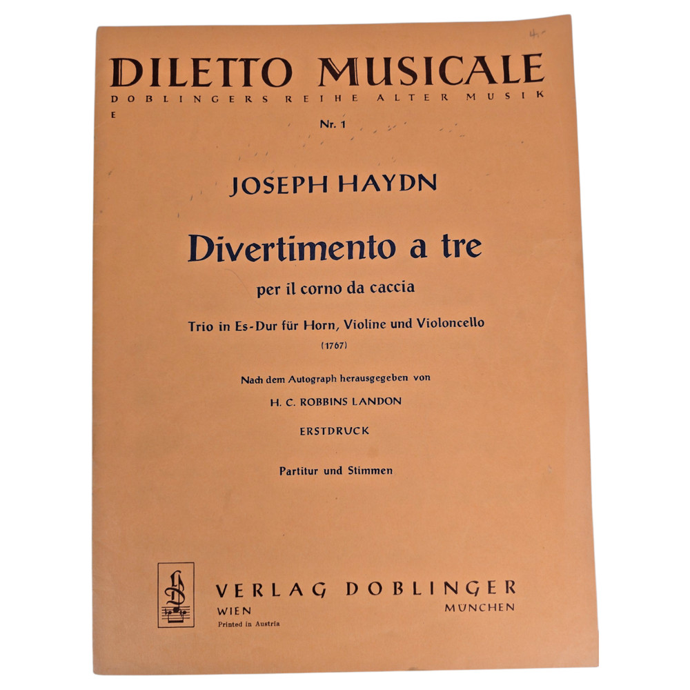 Joseph Haydn Divertimento A Tre Score Sheet Music Horn Violin Cello 1767 Vtg