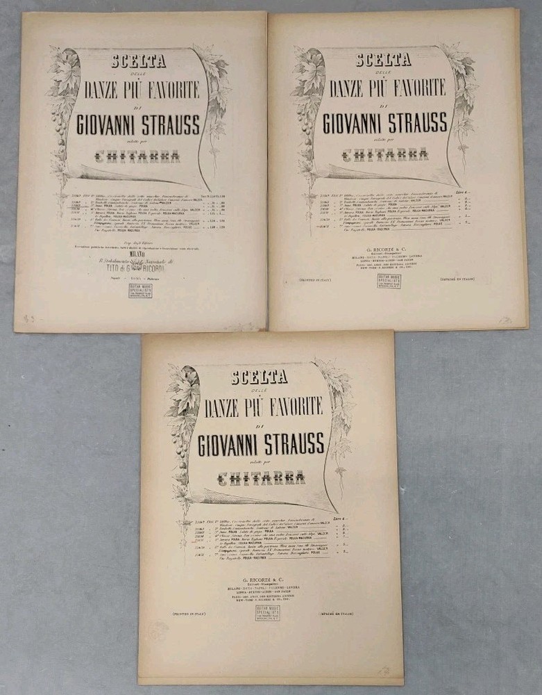 2 Polka Giovanni Strauss Sheet Music Classical Guitar Rare Vtg Italy Antique