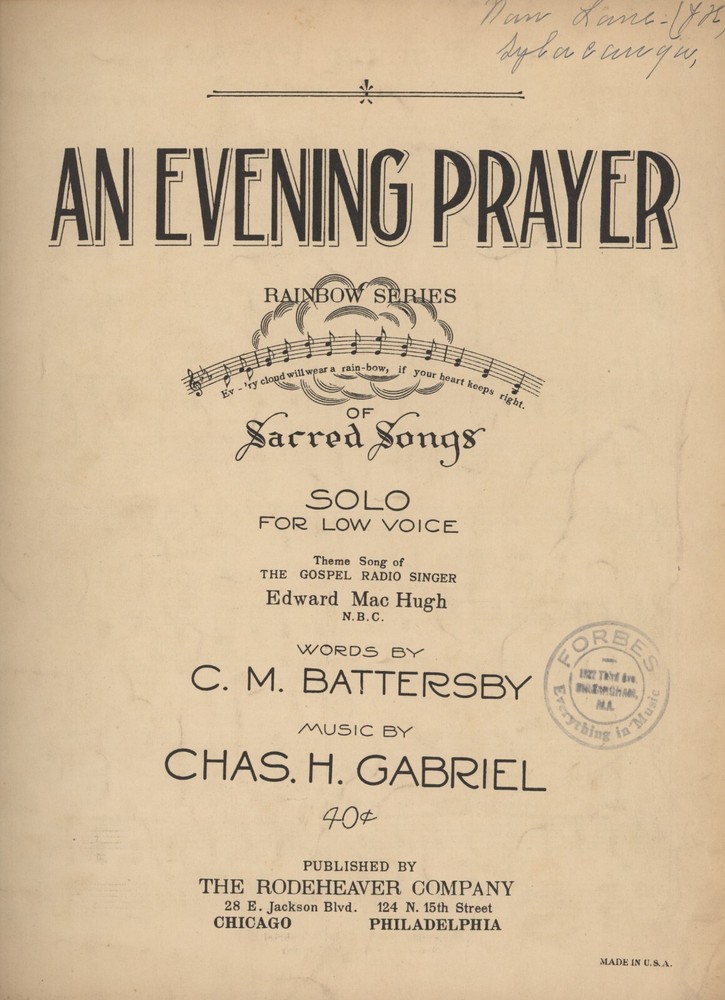 An Evening Prayer Sheet Music Low Voice Charles Gabriel CM Battersby Sacred Song