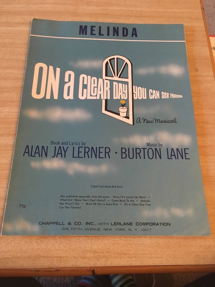 Vintage Sheet Music: Melinda , On A Clear Day; Lerner/ Lane 1965