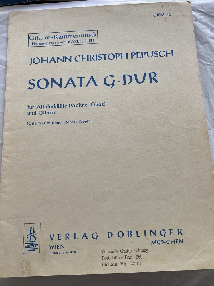 Vtg Johann Christoph Pepusch&rsquo;s Sonata G-Durb Guitar Recorder Song Sheet Music