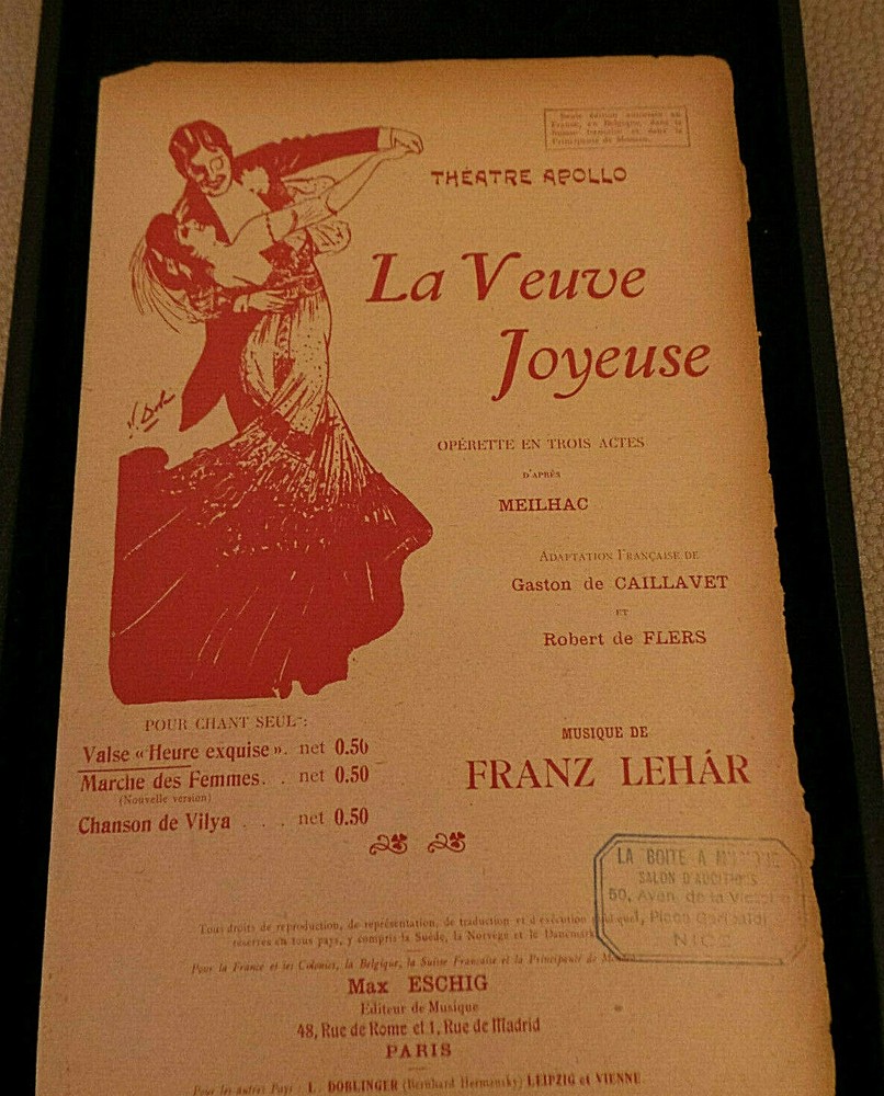 La Veuve Joyeuse Music by Franz Lehar at Theatre Apollo Max Eschig Paris 1909 VG