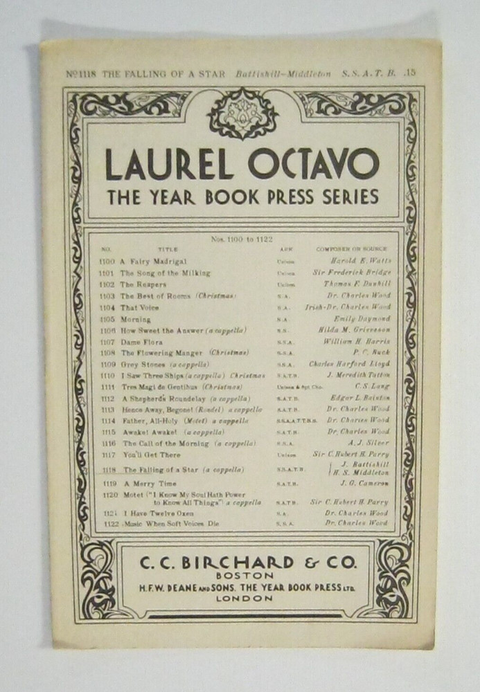 The Falling Of A Star Battishill C C Birchard No1118 1927 SSATB