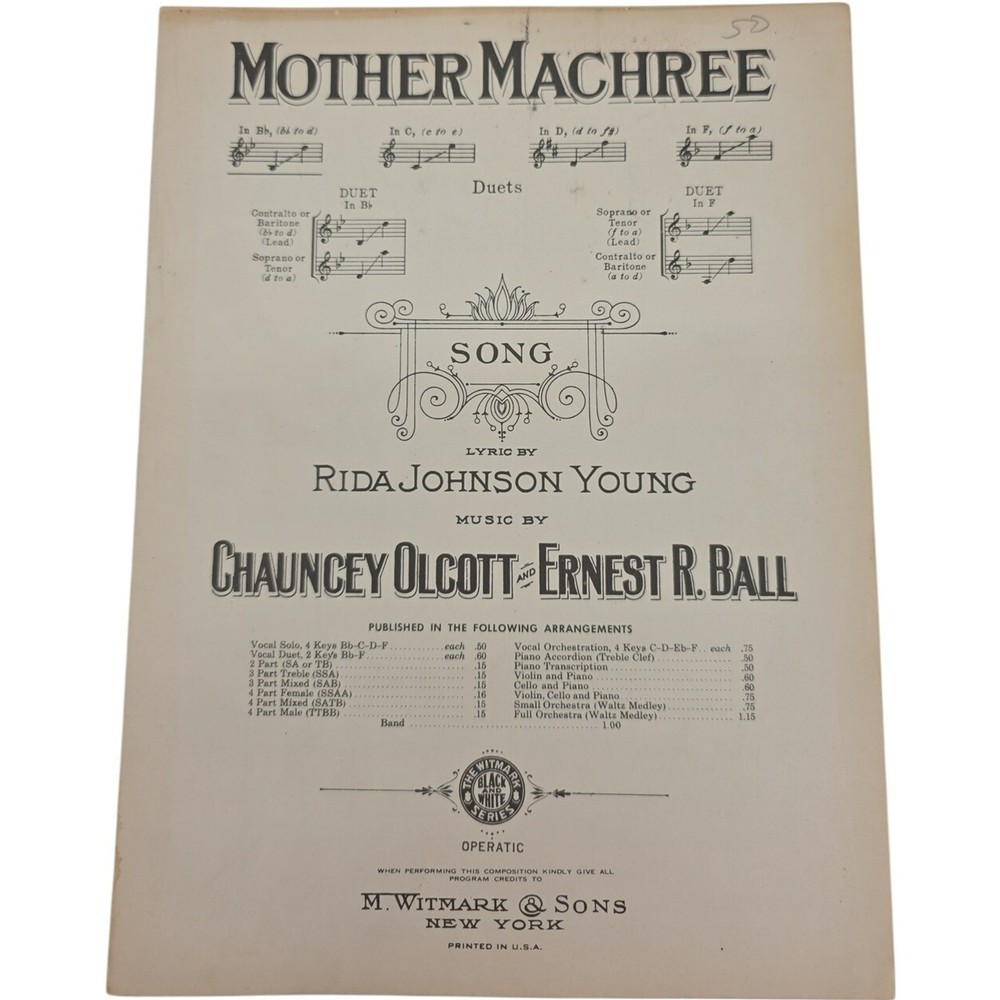 Mother Machree Song by Johnson Young Olcott & Ball Vintage 1910 Sheet Music