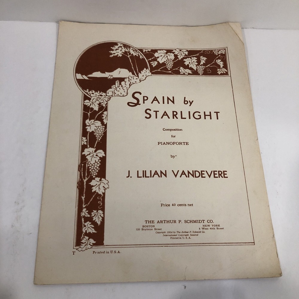 Sheet Music, SPAIN BY STARLIGHT, for Pianoforte, J. Lilian Vandevere, 1934