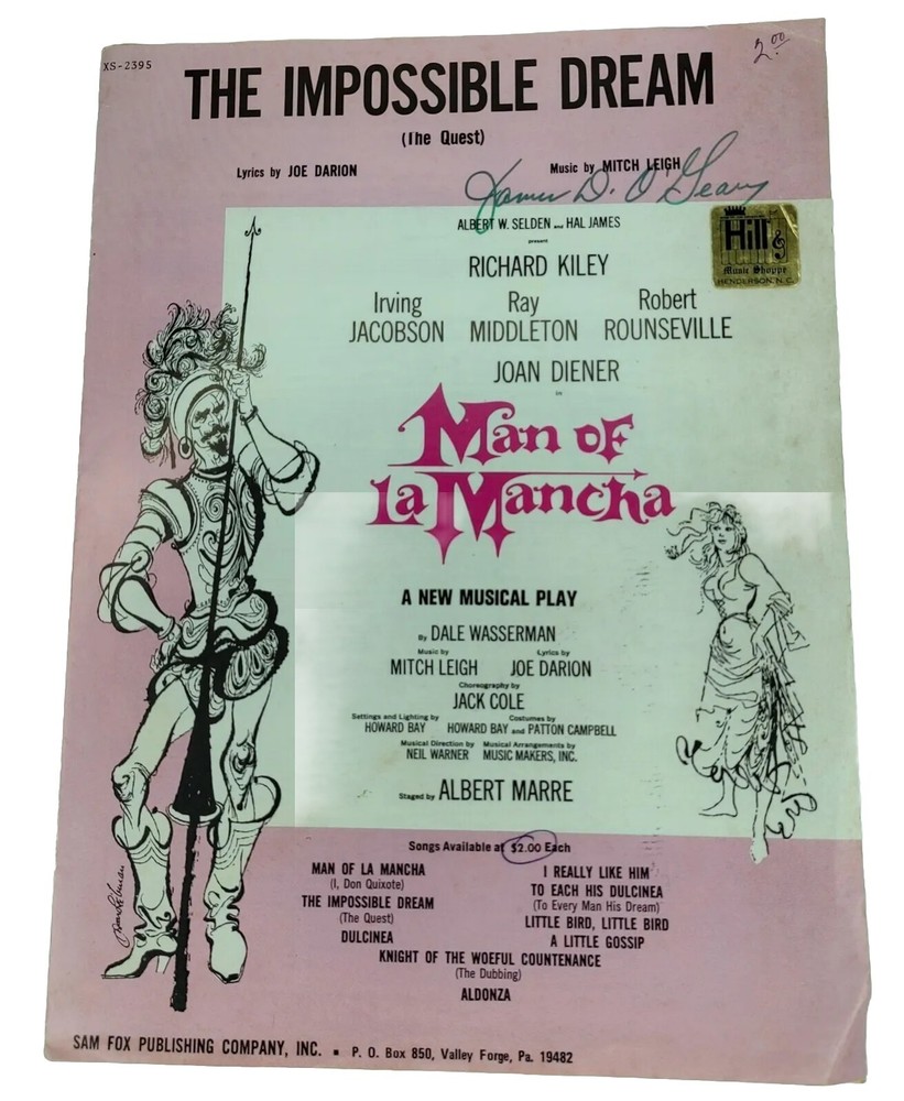Vintage 1965 Sheet Music for « The Impossible Dream » Man Of La Mancha Musical
