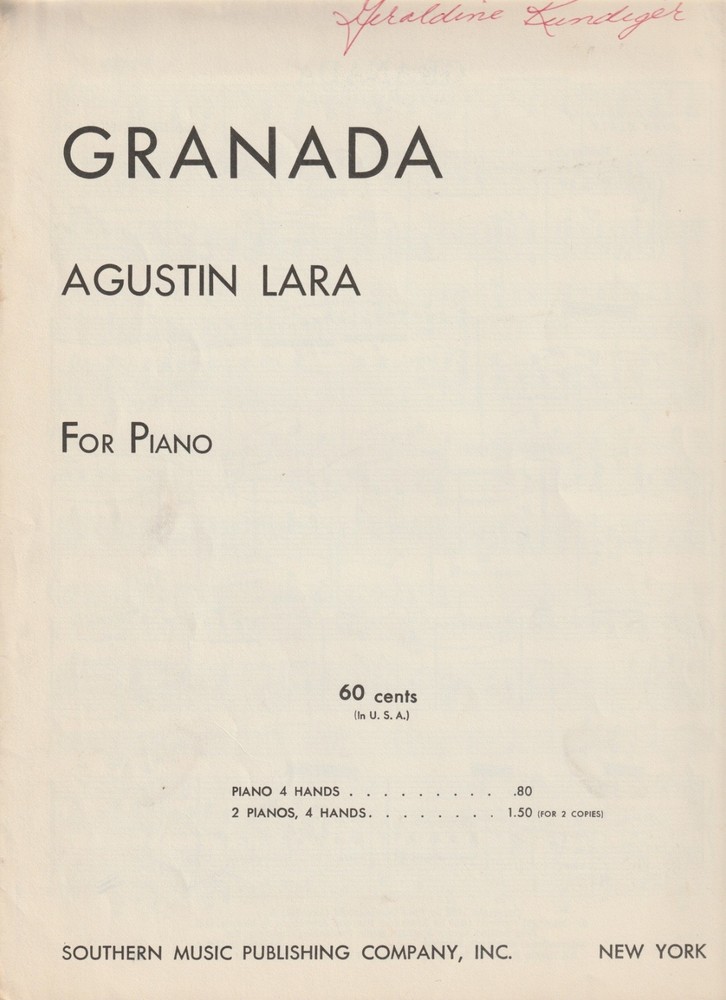 Vintage Granada Piano Solo Sheet Music by Augstin Lara Sheet Music c1959