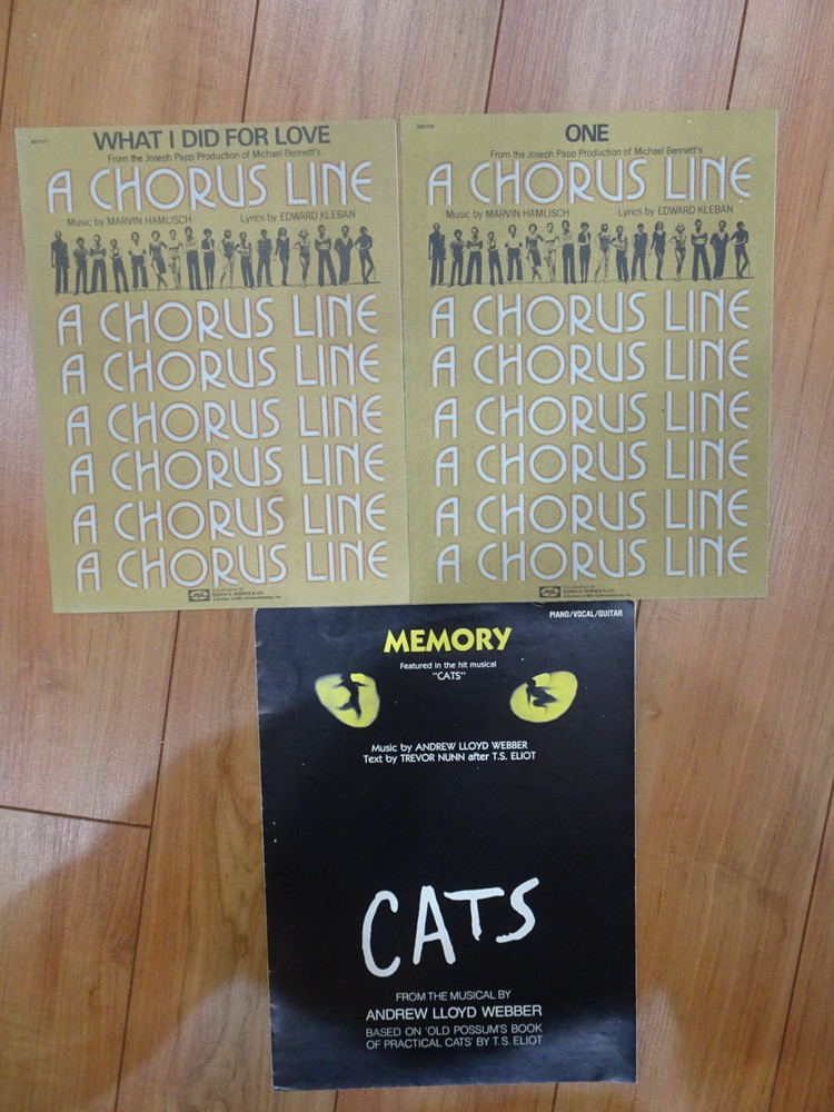 Lot of 3 Vintage Sheet Music A Chorus Line and Cats Piano, vocal, Guitar