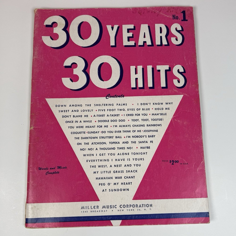 Vintage 1950 Miller Music Corp « 30 Years 30 Hits » No 1 Sheet Music Songbook