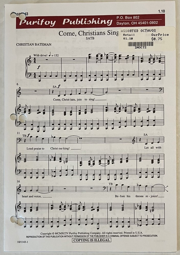 Come Christians Sing Christian Bateman SATB Chorus Piano Sheet Music Purifoy Pub