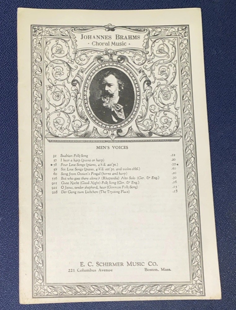 Johannes Brahms Choral Sheet Music 1924 Publ. By E. C. Schirmer Music Co. Boston