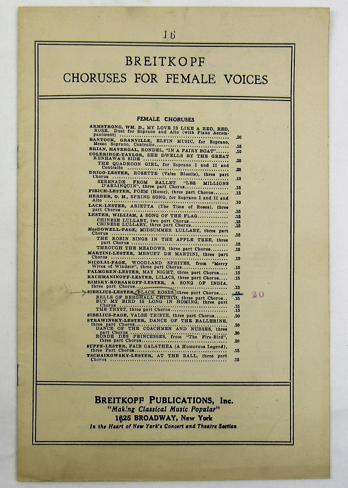 c1925 Breitkopf Music Choruses For Female Voices BLACK ROSES Sibelius Lester