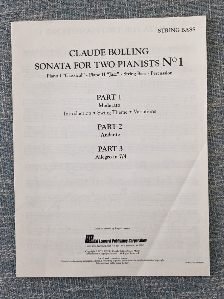 Sonata For 2 Pianists St Bass Parts 1,2 & 3 Claude Bolling 1992