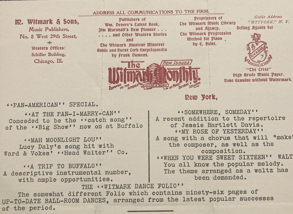 1901 The Witmark Monthly NYC M Witmark & Sons Promotional Pan American Special